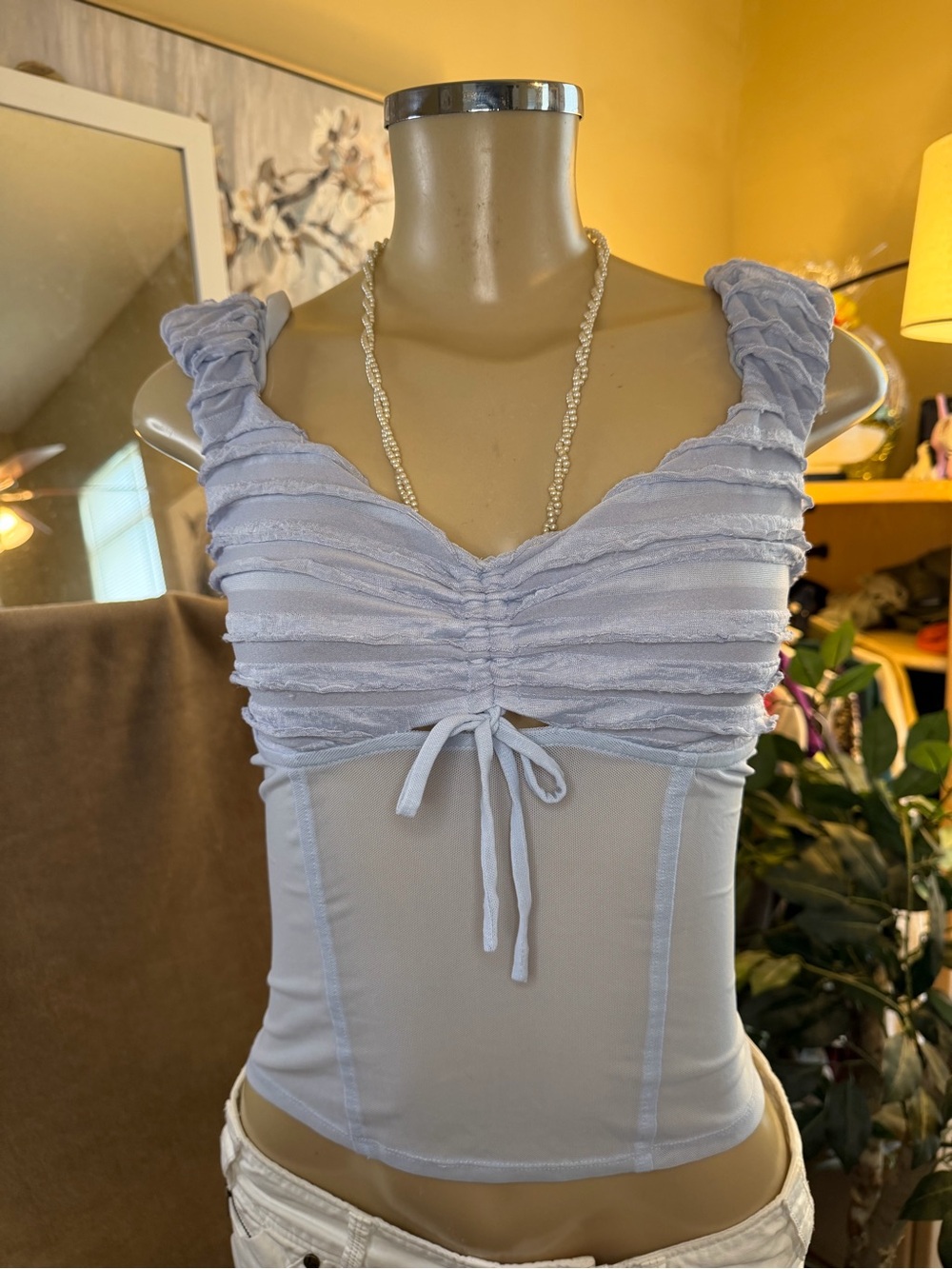 Kimchi Blue Pastel Blue Ruched Mesh Corset Top Size M